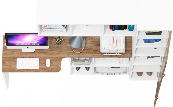 Лидер-8 Стол + Полка + Пенал МД 22Б, белый шагрень/крафт золото