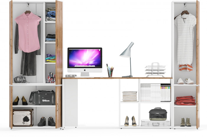 Лидер-8 Шкаф МД 20Б + Стол + Пенал 21Б, белый шагрень/крафт золото