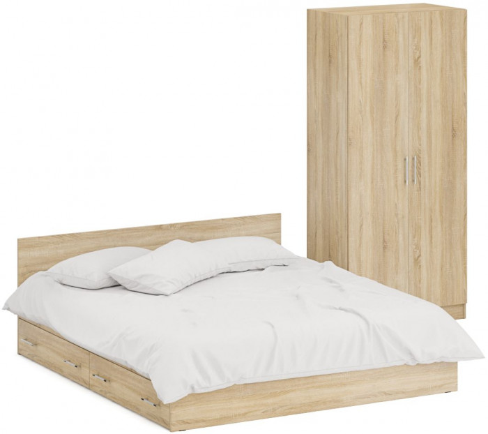 Кровать с ящиками 1800 + Шкаф 2-х створчатый Стандарт, цвет дуб сонома, ШхГхВ 183,5х203,5х70 + 90х52х200 см., сп.м. 1800х2000 мм., б/м, основание есть