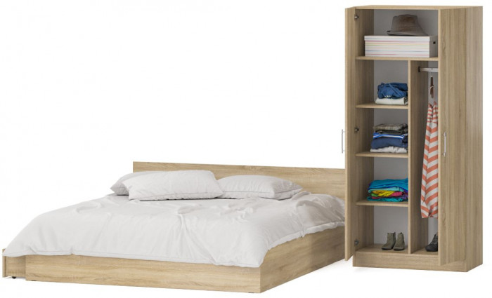 Кровать с ящиками 1800 + Шкаф 2-х створчатый Стандарт, цвет дуб сонома, ШхГхВ 183,5х203,5х70 + 90х52х200 см., сп.м. 1800х2000 мм., б/м, основание есть