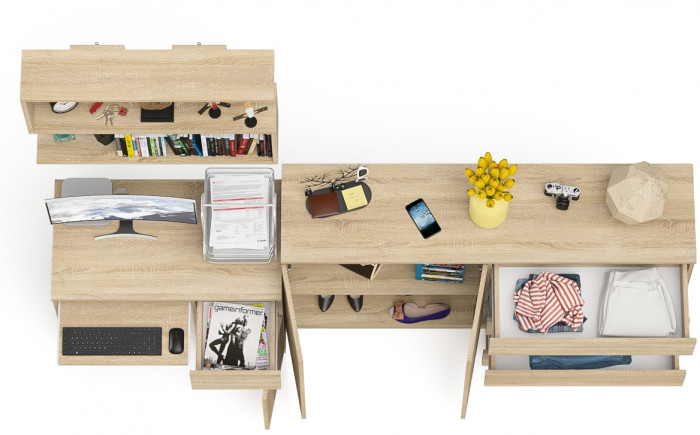 Мори Стол компьютерный МС-1 правый + Комод МК1600.1 + Полка 900, цвет дуб сонома, ШхГхВ 250,4х50х209,6 см., НЕ универсальная сборка