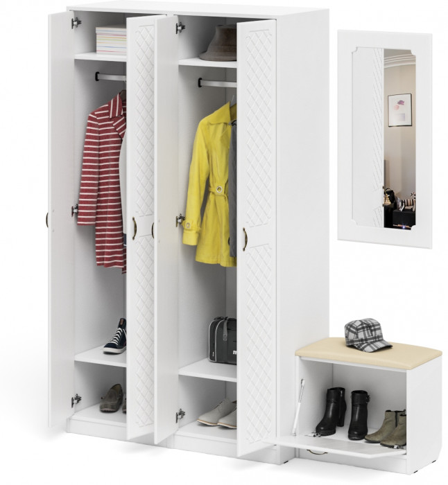 Прихожая П-6 Компоновка № 08, цвет белая шагрень/фасады МДФ белое дерево фрезеровка ромб, ШхГхВ 180х50х210 см., универсальная сборка