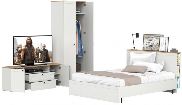 Остин 11.53 Кровать + ортопед + 13.224 Шкаф + 16.47 Тумба под ТВ, белый шагрень/дуб крафт золотой