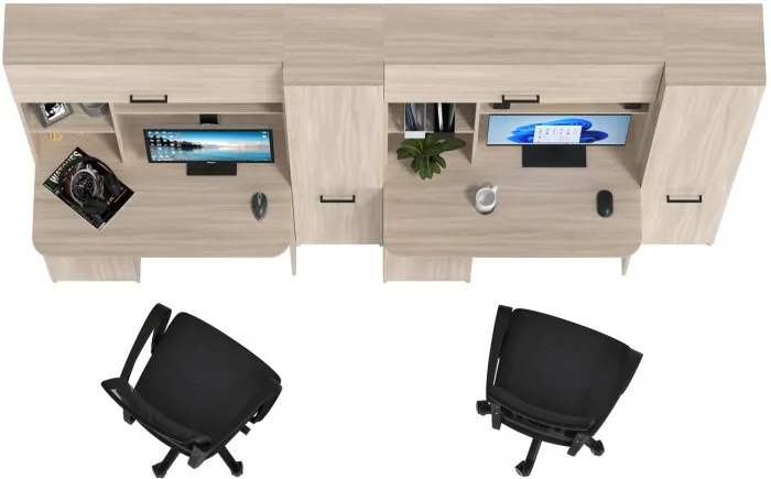 Два стола рабочих 6-0603 Альфа + два кресла 103 чёрных, ясень шимо светлый