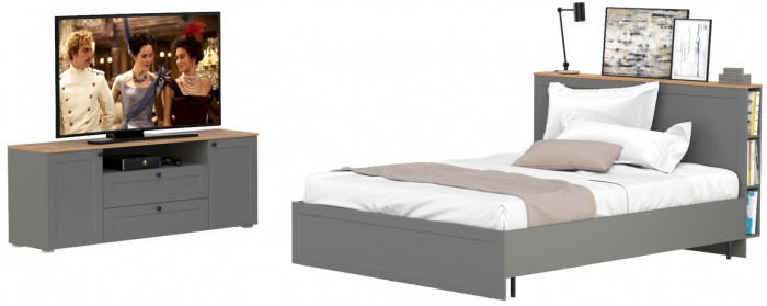 Остин 11.53 Кровать + ортопед + 16.47 Тумба под ТВ, серый графит/дуб крафт золотой