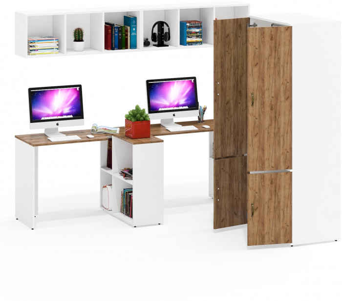 Лидер-8 Стол + Полка + Стол + Полка + Шкаф МД 19Б + Тумба МД 3.15, цвет белый шагрень/крафт золото, 450х50х75/190 или 230х200/50х75/190, НЕ ун. сб.