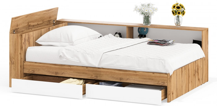 Ксения Кровать с ящиками 1200 + прикроватный блок, дуб вотан/белый