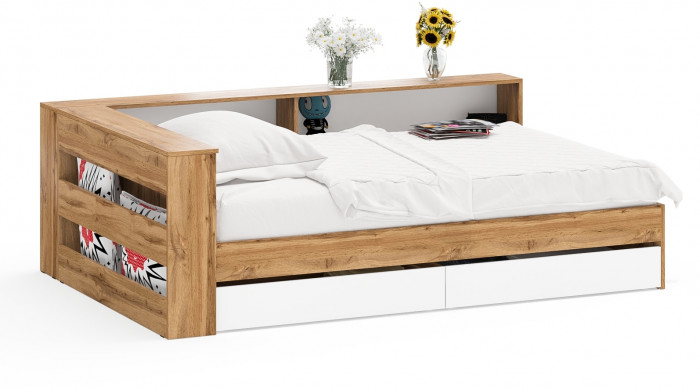 Ксения Кровать с ящиками 1200 + прикроватный блок, дуб вотан/белый