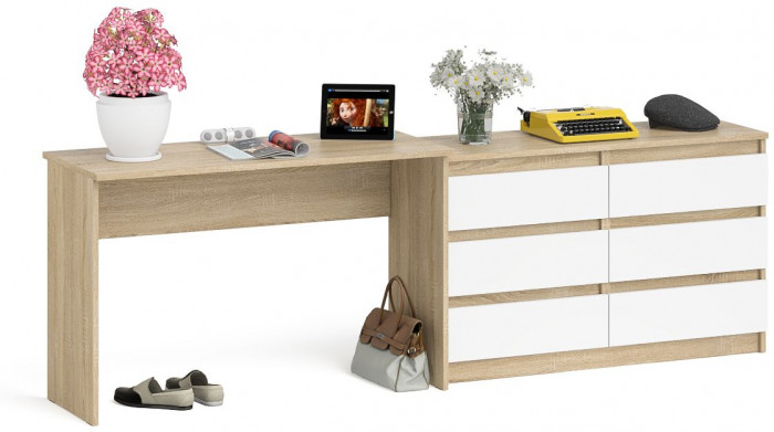 Мори Стол письменный МСП1200.1 + Комод МК1200.6, цвет дуб сонома/белый, ШхГхВ 240,8х50х76,6 см., универсальная сборка