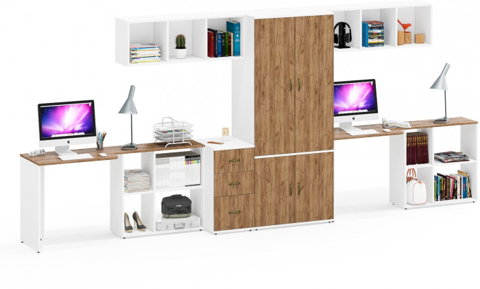 Лидер-8 Стол + Полка + Стол + Полка + Шкаф МД 19Б + Тумба МД 3.16, цвет белый шагрень/крафт золото, 450х50х75/190 или 230х200/50х75/190, НЕ ун. сб.