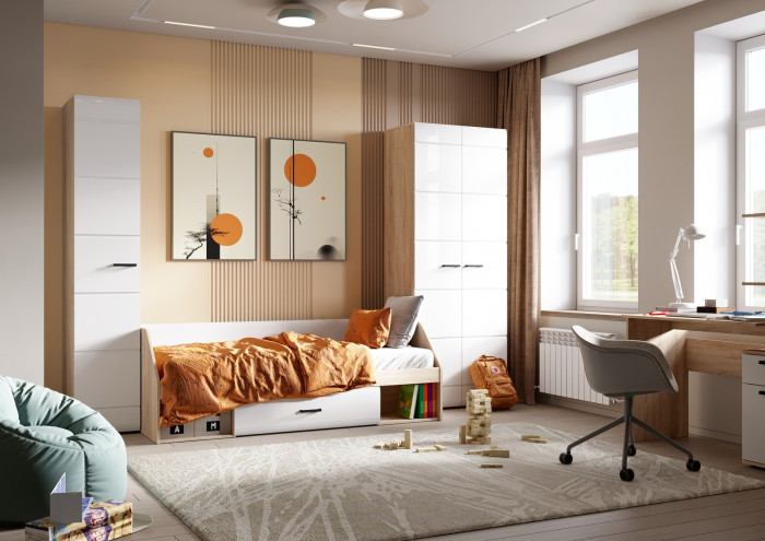 ЛИБЕРТИ КР 02 Кровать 1,6 (1632х900х2032) Фасад МДФ БЕЛЫЙ ГЛЯНЕЦ/Корпус ДУБ СОНОМА