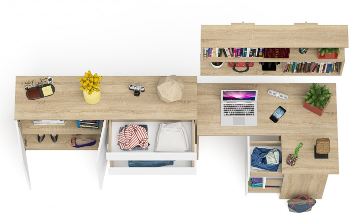 Мори компьютерный стол МС-16 правый + Комод МК1600.1 + Полка 1200, дуб сонома/белый