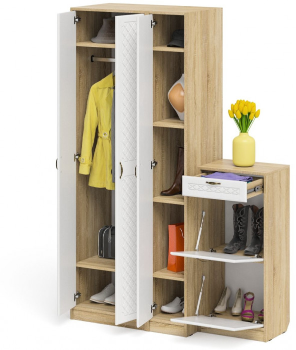 Прихожая П-6 Компоновка № 48, цвет дуб сонома/фасады МДФ белое дерево фрезеровка ромб, ШхГхВ 140х50х210 см., универсальная сборка