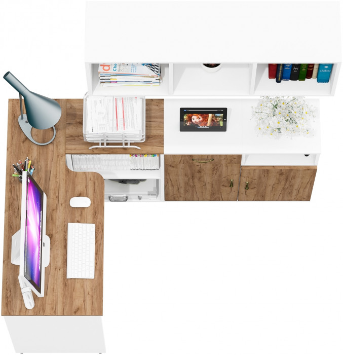 Лидер-8 Стол + Полка + Тумба МД 3.15 + Тумба МД 3.19, белый шагрень/крафт золото