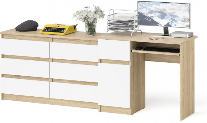Мори компьютерный стол МС-1 левый + Комод МК1200.6, дуб сонома/белый
