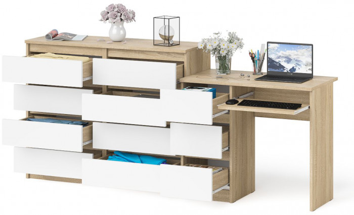 Мори компьютерный стол МС-6 левый + Комод МК1200.8, дуб сонома/белый