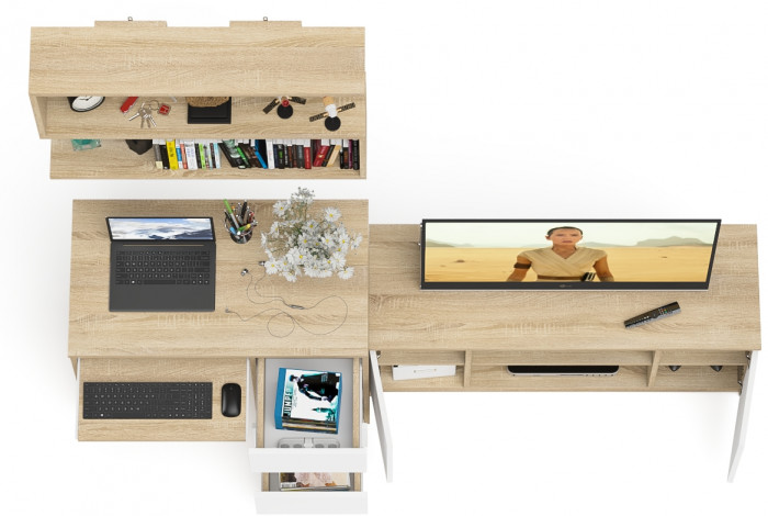 Мори компьютерный стол МС-6 правый + Тумба МТВ1200.1 + Полка 900, дуб сонома/белый