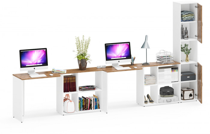 Лидер-8 Стол + Стол + Пенал, цвет белый шагрень/крафт золото, ШхГхВ 370х50/30х75/190 см. или 230х50/120х75/190 см., НЕ универсальная сборка