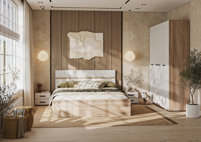 ЛИБЕРТИ КР 03 Кровать одноярусная (1940х660х850) Фасад МДФ БЕЛЫЙ ГЛЯНЕЦ/Корпус ДУБ СОНОМА