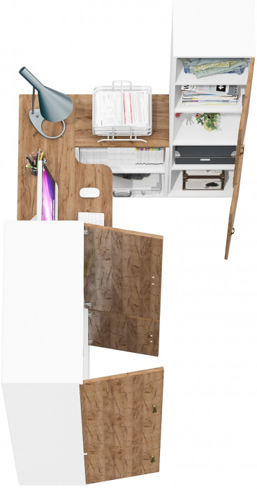 Лидер-8 Шкаф МД 20Б + Стол + Пенал, белый шагрень/крафт золото