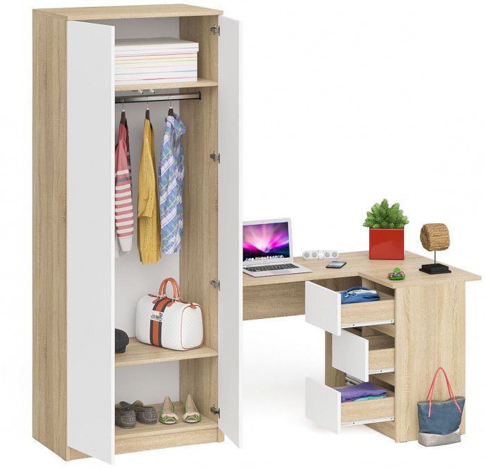 Мори компьютерный стол МС-16 правый + Шкаф МШ800.1, дуб сонома/белый