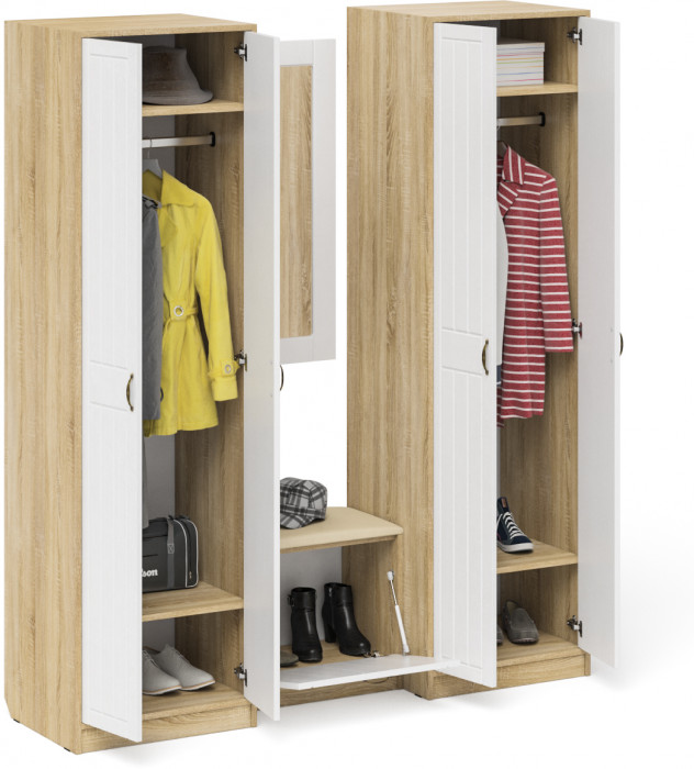 Прихожая П-6 Компоновка № 08, цвет дуб сонома/фасады МДФ белое дерево фрезеровка прованс, ШхГхВ 180х50х210 см., универсальная сборка