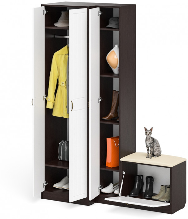 Прихожая П-6 Компоновка № 25, цвет венге/фасады МДФ белое дерево фрезеровка прованс, ШхГхВ 150х50х210 см., универсальная сборка