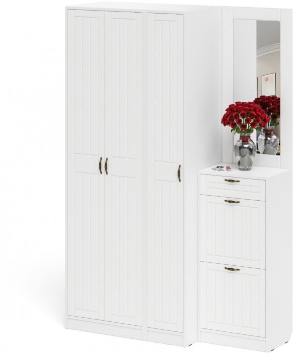 Прихожая П-6 Компоновка № 49, цвет белая шагрень/фасады МДФ белое дерево фрезеровка прованс, ШхГхВ 140х50х210 см., универсальная сборка