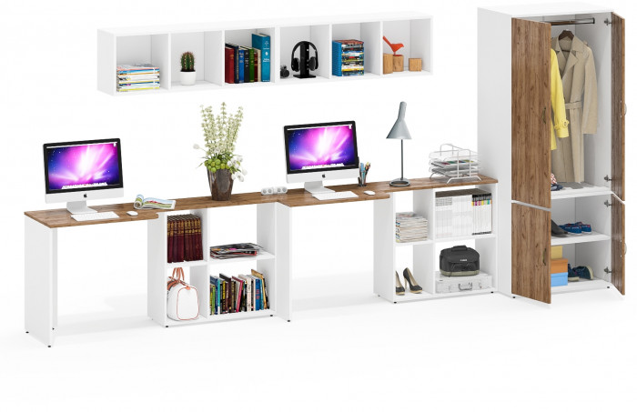 Лидер-8 Стол + Полка + Стол + Полка + Шкаф МД 19Б, цвет белый шагрень/крафт золото, ШхГхВ 410х50х75/190 или 230х160/50х75/190 см., НЕ ун. сборка