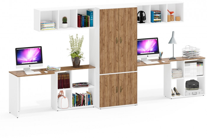 Лидер-8 Стол + Полка + Стол + Полка + Шкаф МД 19Б, цвет белый шагрень/крафт золото, ШхГхВ 410х50х75/190 или 230х160/50х75/190 см., НЕ ун. сборка