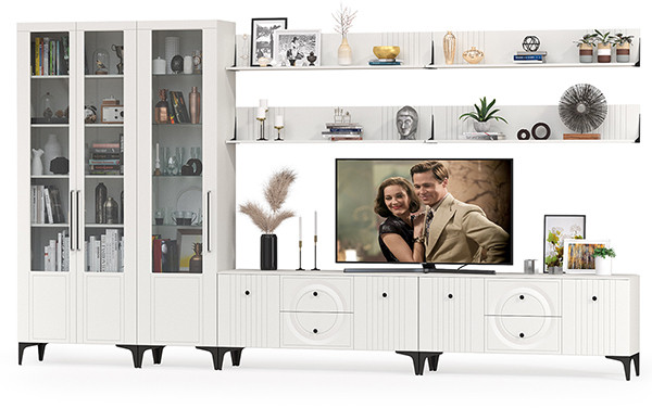 Валенсия Гостиная № 087, цвет ЛДСП белый шагрень/МДФ белый шагрень, ШхГхВ 405,3х38,3х225,2 см., универсальная сборка