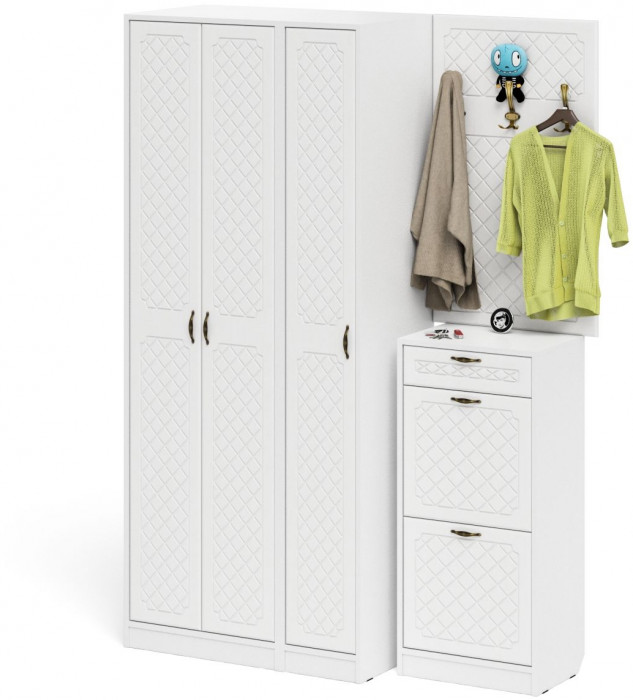 Прихожая П-6 Компоновка № 50, цвет белая шагрень/фасады МДФ белое дерево фрезеровка ромб, ШхГхВ 150х50х210 см., универсальная сборка