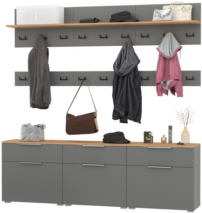 Октава Прихожая 08, цвет серый графит/дуб крафт золотой/фасады МДФ серый графит, ШхГхВ 194,7х35,4х197 см.