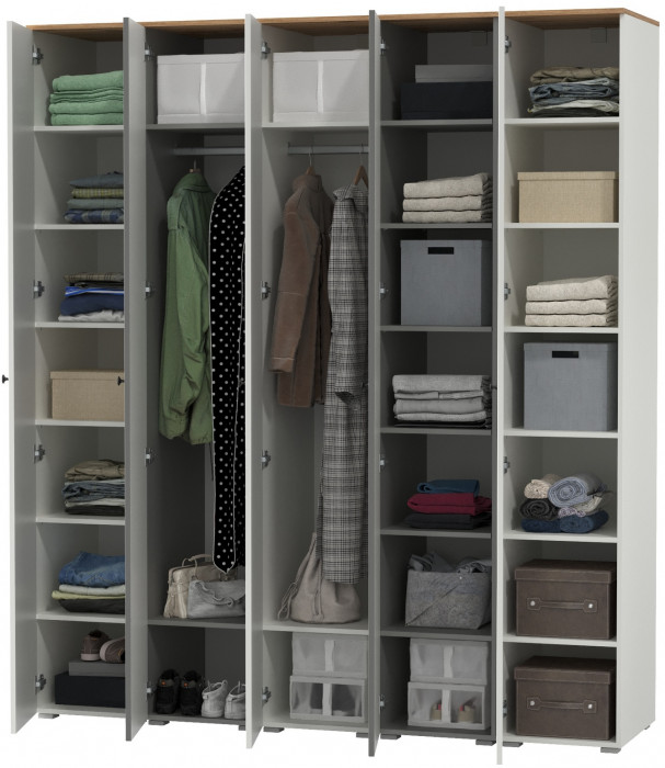 Остин 13.225 Шкаф-пенал 5 шт., цвет белый шагрень/серый графит/дуб крафт золотой, ШхГхВ 200х54,3х229,6 см., универсальная сборка