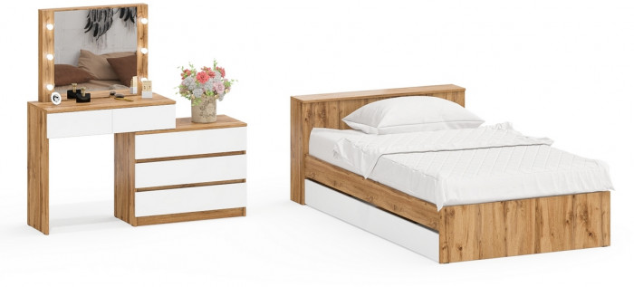 Ксения Кровать с ящиками 1200 + Стол косметический с подсветкой 110, дуб вотан/белый
