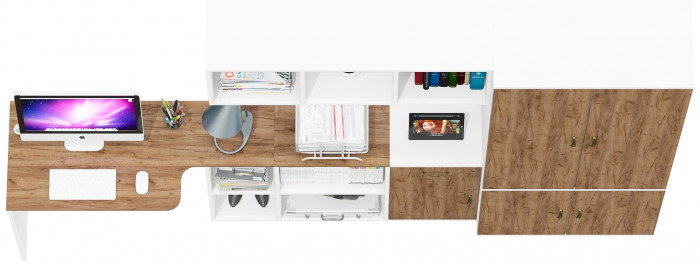 Лидер-8 Стол + Полка + Тумба МД 3.15 + Шкаф МД 20Б, белый шагрень/крафт золото