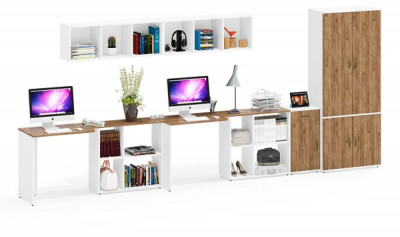 Лидер-8 Стол + Полка + Стол + Полка + Шкаф МД 20Б + Тумба МД 3.15, цвет белый шагрень/крафт золото, 450х50х75/190 или 230х200/50х75/190, НЕ ун. сб.