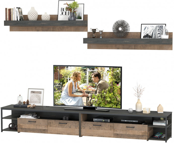 Трувор 13.70 Тумба под ТВ + 13.70 Тумба под ТВ + 15.60 Полка + 15.60 Полка, цвет дуб гранж песочный/интра, ШхГхВ 299,6х45,4х195 см., универс. сборка