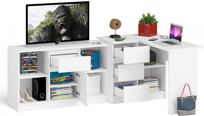 Мори компьютерный стол МС-16 левый + Тумба МТВ1204.1, белый