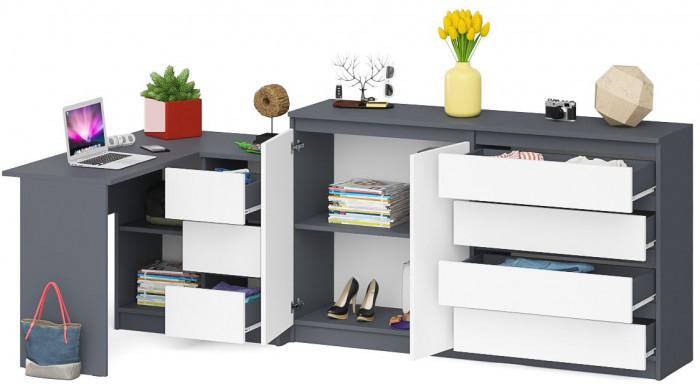 Мори компьютерный стол МС-16 правый + Комод МК1600.1, графит/белый