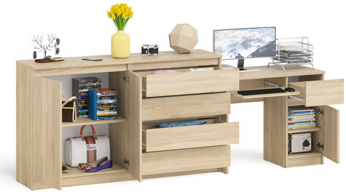 Мори Стол компьютерный МС-1 правый + Комод МК1600.1, цвет дуб сонома, ШхГхВ 250,4х50х94 см., выдвижной ящик справа, НЕ универсальная сборка