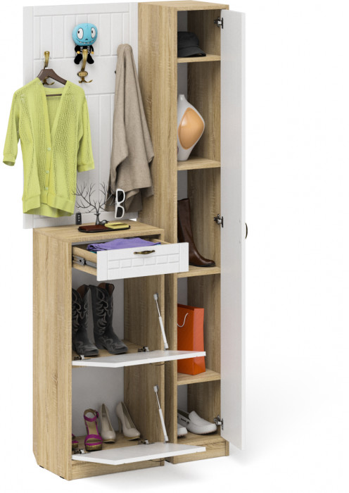 Прихожая П-6 Компоновка № 24, дуб сонома/фасады МДФ белое дерево фрезеровка прованс