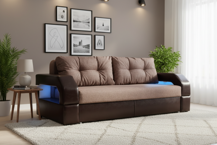 Диван-еврокнижка Манчестер, пружинный блок, 150х195,  рогожка/экокожа коричневый