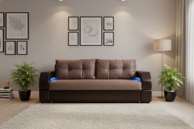 Диван-еврокнижка Манчестер, пружинный блок, 150х195,  рогожка/экокожа коричневый