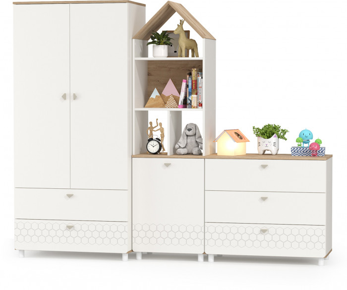 Эйп 13.334 Шкаф для одежды + 13.322 Комод + 13.14 Стеллаж, белый/дуб белый