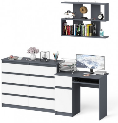 Мори компьютерный стол МС-1 левый + Комод МК1200.8 + Полка 900, графит/белый