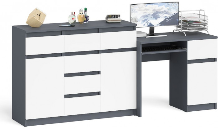 Мори компьютерный стол МС-1 правый + Комод МК1200.4, графит/белый