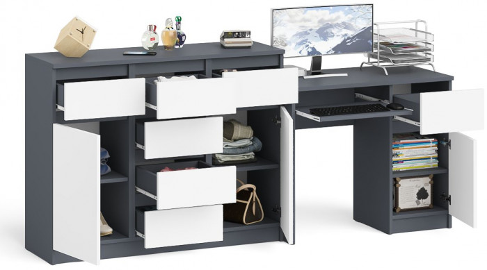 Мори компьютерный стол МС-1 правый + Комод МК1200.4, графит/белый