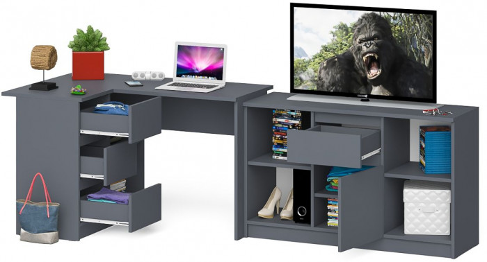 Мори компьютерный стол МС-16 левый + Тумба МТВ1204.1, графит