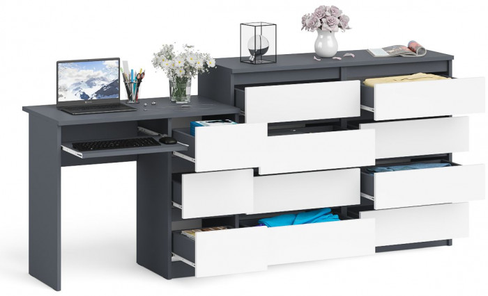 Мори компьютерный стол МС-6 правый + Комод МК1200.8, графит/белый